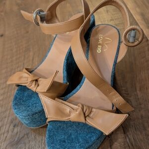 Tan and Blue Platform Sandals